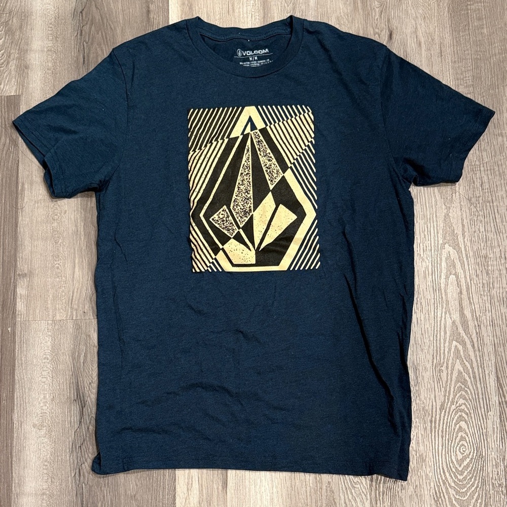 Volcom Men's Dark Blue Tee with Gold Graphic